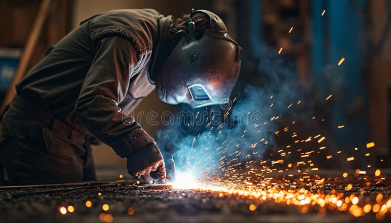 Welder working with sparks and smoke stock illustration