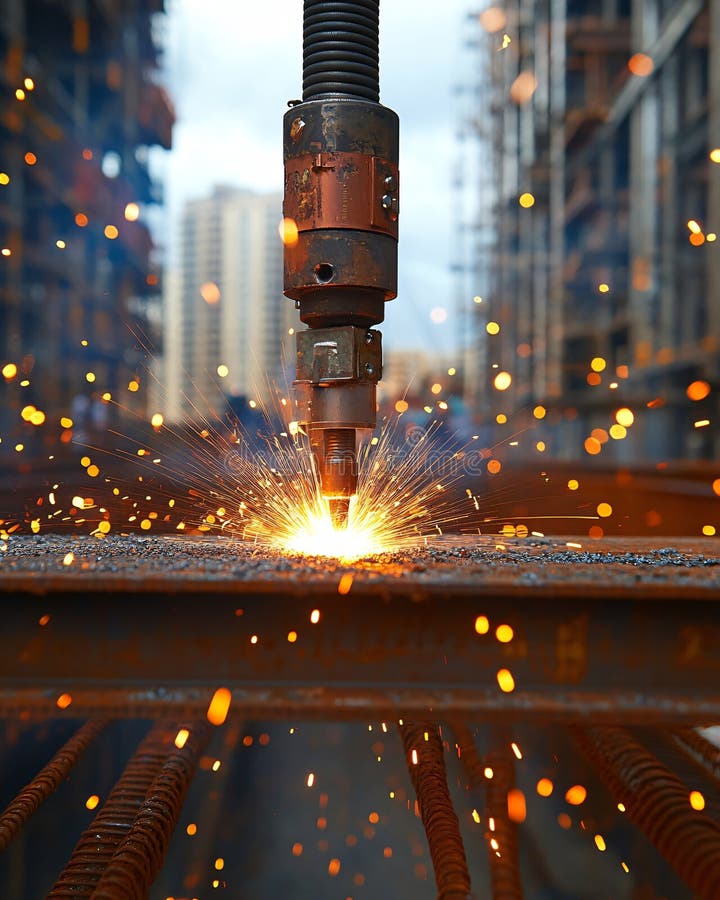 Welding machine creates sparks outdoors on a construction site during daytime stock images