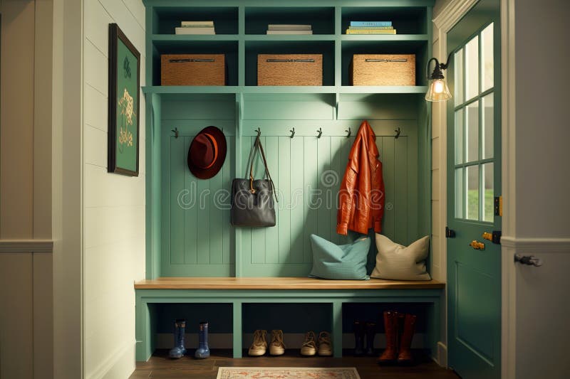 A well-designed and efficient mudroom with hooks, shelves, and a bench. Generative Ai vector illustration