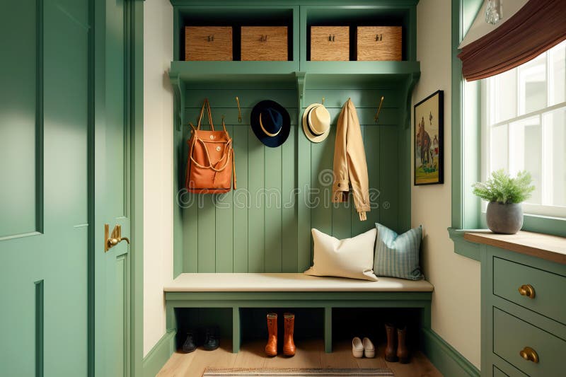 A well-designed and efficient mudroom with hooks, shelves, and a bench. Generative Ai royalty free illustration