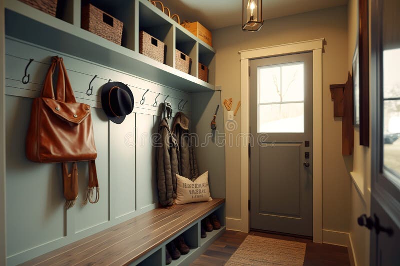 A well-designed and efficient mudroom with hooks, shelves, and a bench. Generative Ai royalty free illustration