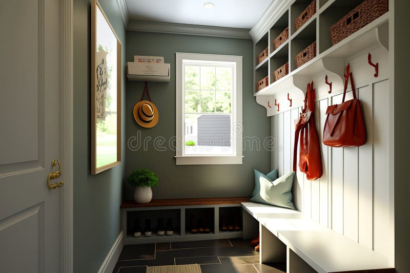 A well-designed and efficient mudroom with hooks, shelves, and a bench. Generative Ai stock illustration