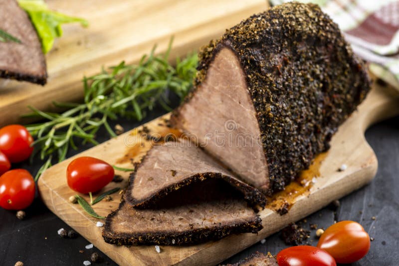 Welldone Roasted Beef with Fresh Herbs Stock Photo Image of fried