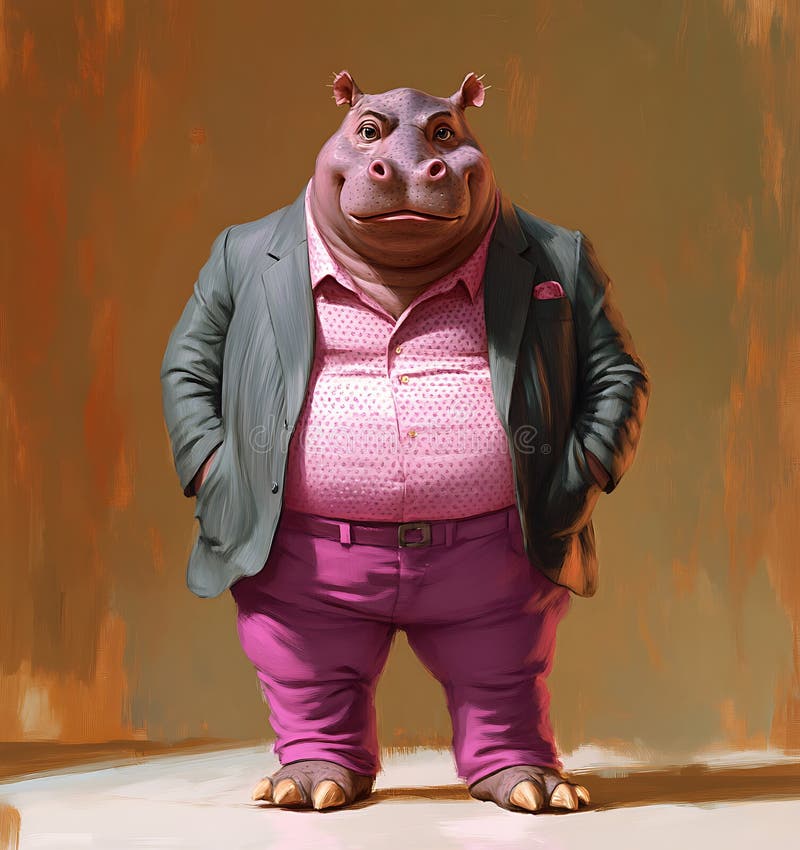 Elegant anthropomorphic hippo in a suit posing confidently against a warm background. stock illustration