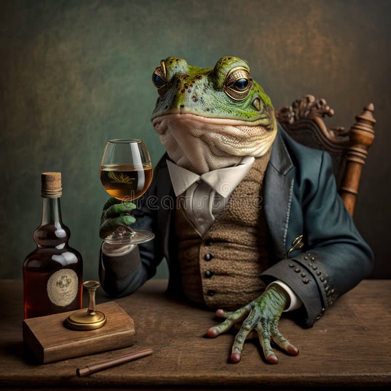 Well Dressed Frog Sitting at Table Having a Glass of Wine - AI Generative