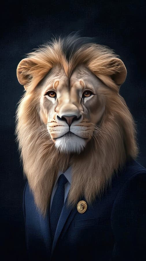 Un leu bine îmbrăcat într-un costum clasic stă cu încredere în spatele unui fond întunecat exilat și sofisticat stock image