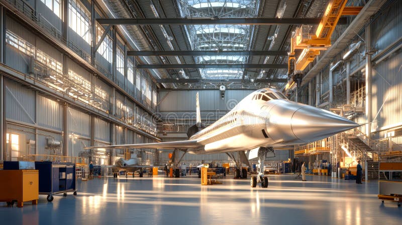 In a well-lit aerospace engineering facility, skilled technicians fine-tune a gleaming aircraft, showcasing innovative design and vector illustration