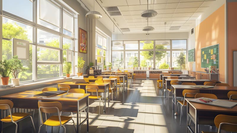 Well-organized classroom environment with rows of tables and chairs, suitable for design projects and educational p stock illustration