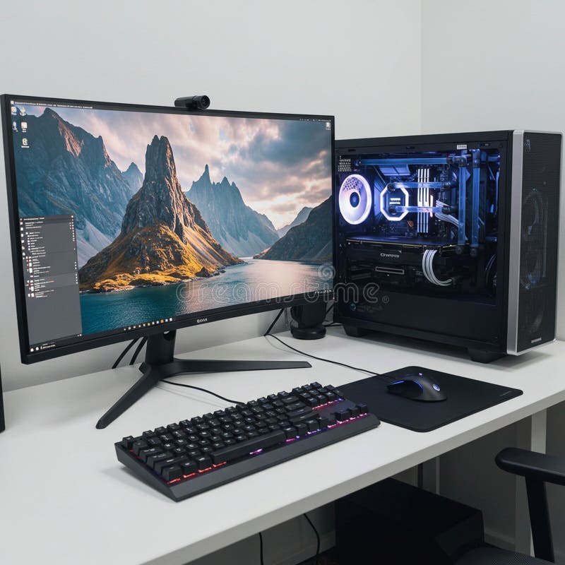 A well-organized computer setup features a sleek monitor displaying a scenic mountain landscape. The setup includes a mechanical keyboard with backlighting and a mouse on a pad. Beside the monitor sits a well-lit PC with visible LED components, showcasing a futuristic design. The black and white color scheme adds a clean aesthetic to the workspace. All components are arranged on a white desk, emphasizing a minimalist style.