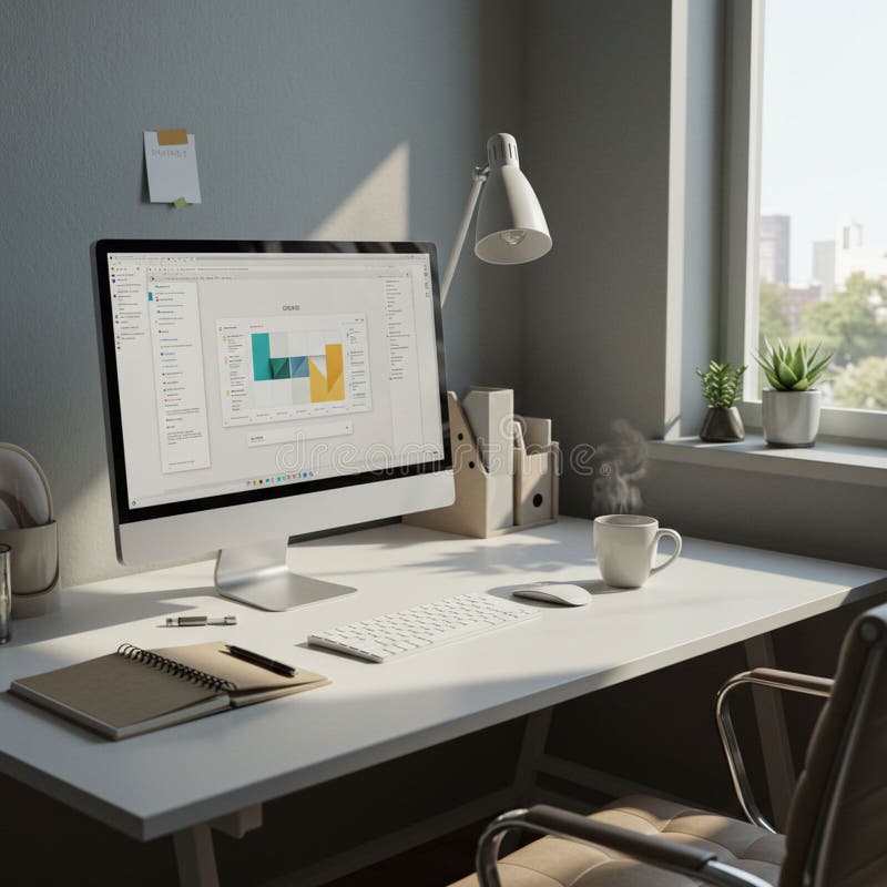 A well-organized home office with a large computer monitor displaying a colorful stock illustration