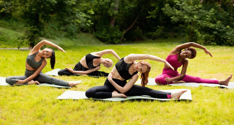 Wellbeing Concept. Pretty Young Women Doing Yoga Exercises at Park ...