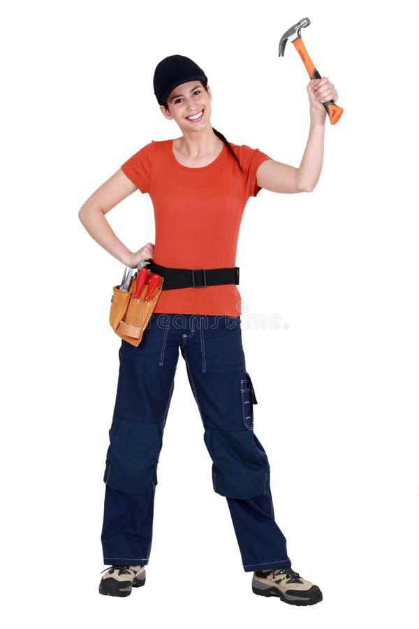 Wellenartig bewegender Hammer der Frau in der Luft lizenzfreies stockfoto Wellenartig bewegender Hammer der Frau in der Luft lizenzfreies stockfoto
