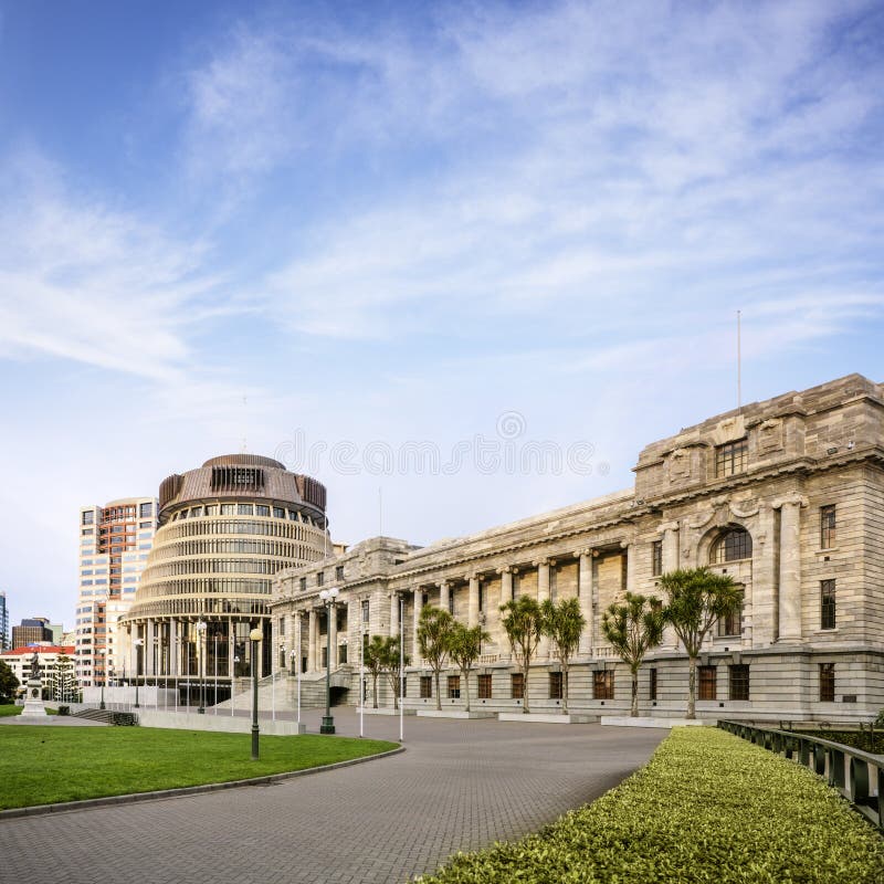 Wellington The Beehive och parlamenthus Nya Zeeland arkivbilder Wellington The Beehive och parlamenthus Nya Zeeland arkivbilder