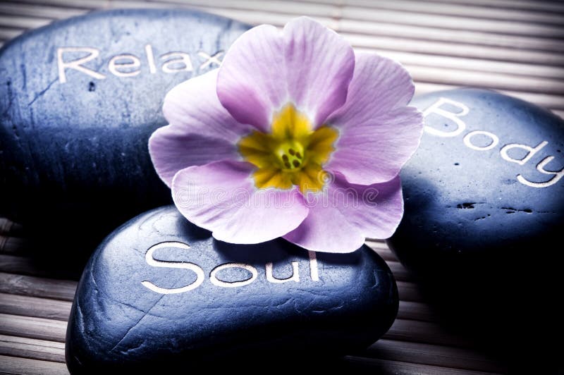 Tri masáž kamene relaxovať, telo, duša kvetina ako,, telo starostlivosť jóga symboly.