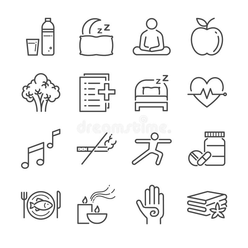 Wellnesslivlinje symbolsuppsättning Inklusive symbolerna som vatten, brunnsort, bra sömn, övning, mentala hälsor och mer stock illustrationer