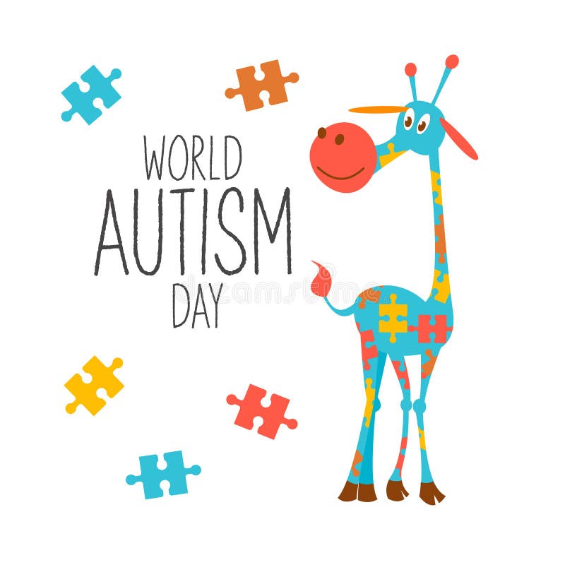 World autism awareness day. A holiday for people with autism. Cute vector illustration with giraffes. Giraffes are painted as a multi- colored puzzle, a symbol of autism syndrome. The color of the giraffe symbolizes the difference between people with autism and other people. World autism awareness day. A holiday for people with autism. Cute vector illustration with giraffes. Giraffes are painted as a multi- colored puzzle, a symbol of autism syndrome. The color of the giraffe symbolizes the difference between people with autism and other people.