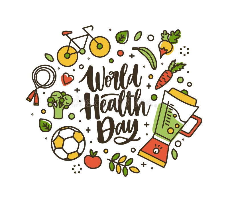Weltgesundheits-Tagesbeschriftung handgeschrieben durch Kursivguß und durch ganze Nährnahrungsmittel und Sportausrüstung umgeben stock abbildung Weltgesundheits-Tagesbeschriftung handgeschrieben durch Kursivguß und durch ganze Nährnahrungsmittel und Sportausrüstung umgeben stock abbildung