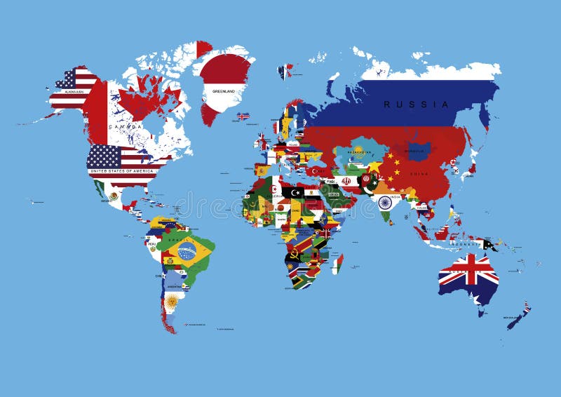 Weltkarte gefärbt in den Land-Flaggen u. den Namen lizenzfreie abbildung Weltkarte gefärbt in den Land-Flaggen u. den Namen lizenzfreie abbildung