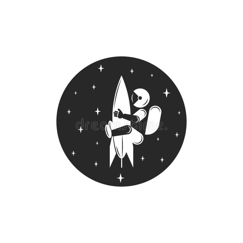 Weltraumforschung Logo in einer Comic-Form Astronaut in einem Raumanzug Reiten einer Weltraumrakete schwarz-weiß runden Aufkleber stock abbildung