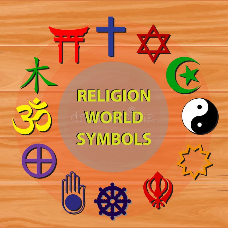 Weltreligionssymbole färbten Zeichen von bedeutenden Religionsgruppen und von Religionen am hölzernen Hintergrund