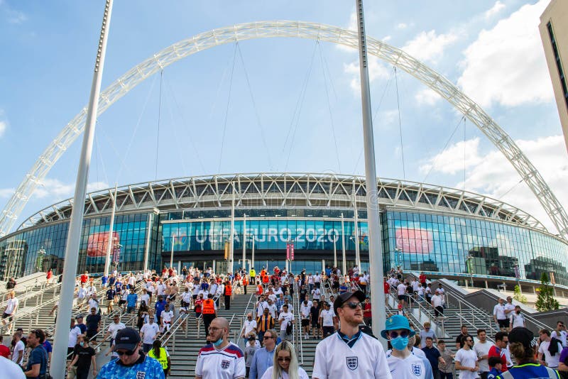 WEMBLEY, LONDON, ENGLAND- 13 June 2021: Football fans leaving Wembley after England`s win against Croatia in the EUROS game