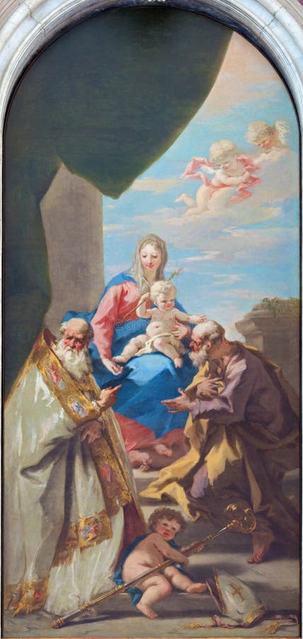 Wenecja - dziewica na st Joseph i tronie st Cesareo Giovanni Antonio Pellegrini w katedrze Santa Maria Assunta i zdjęcie royalty free Wenecja - dziewica na st Joseph i tronie st Cesareo Giovanni Antonio Pellegrini w katedrze Santa Maria Assunta i zdjęcie royalty free