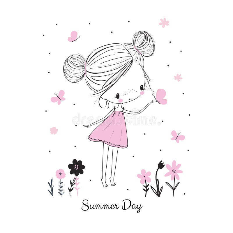 Wenig Mädchen mit Schmetterlingen und Blumen Gekritzelzeichnungs-Vektorillustration stock abbildung Wenig Mädchen mit Schmetterlingen und Blumen Gekritzelzeichnungs-Vektorillustration stock abbildung