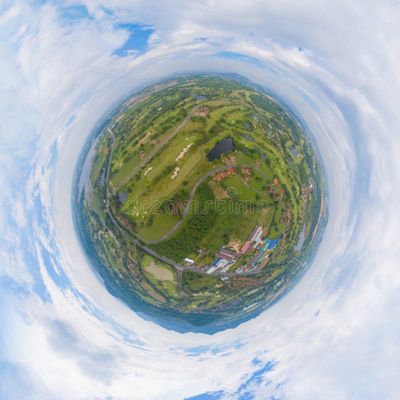 Little planet 360 degree sphere. Panorama of aerial view of Golf Course Club and hotel resort. Green natural garden park in sport and recreation concept. Little planet 360 degree sphere. Panorama of aerial view of Golf Course Club and hotel resort. Green natural garden park in sport and recreation concept