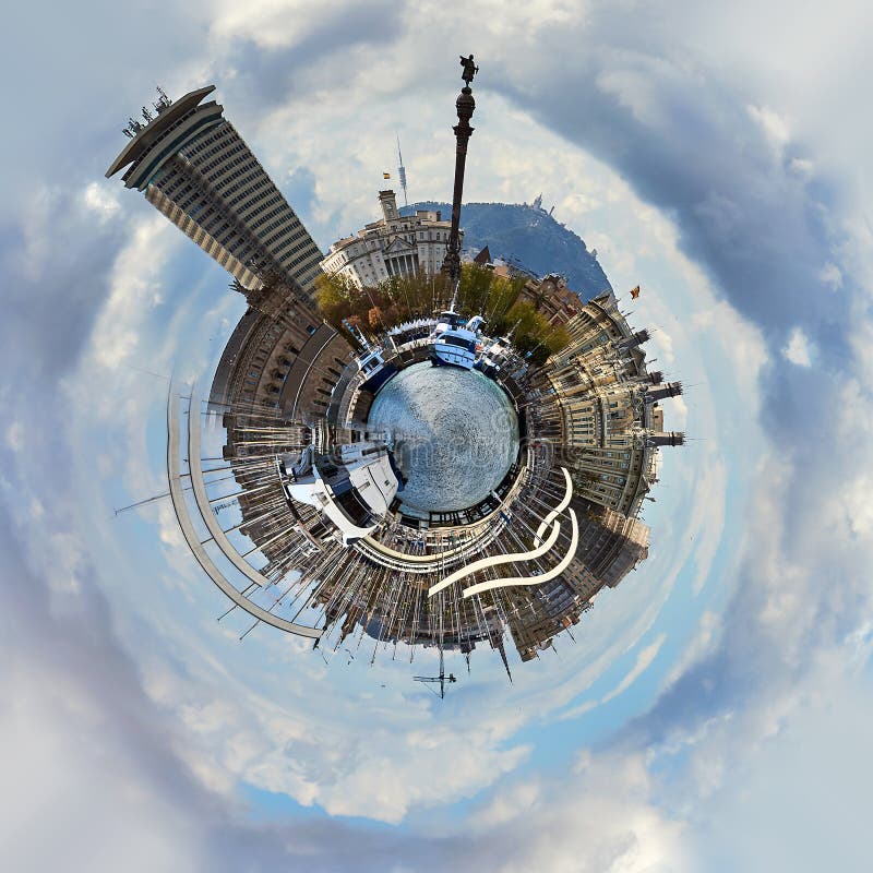 Wenig Planet 360-Grad-Bereich Panoramablick von Rambla-De Mrz in Barcelona-Stadt lizenzfreie abbildung Wenig Planet 360-Grad-Bereich Panoramablick von Rambla-De Mrz in Barcelona-Stadt lizenzfreie abbildung