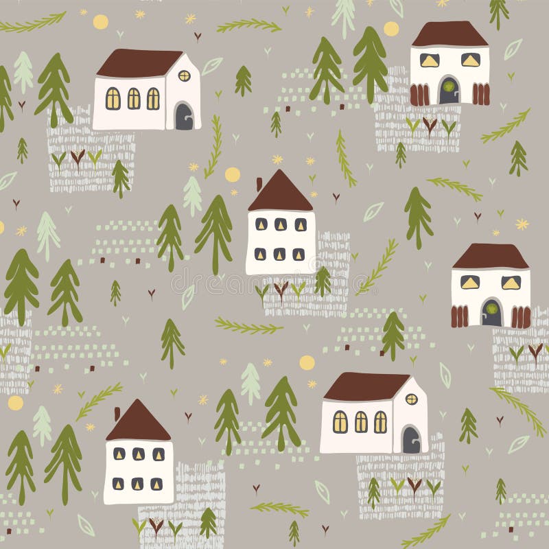 Wenige Bäume des Dorf-Kirchen-Haus-n Vector Muster stock abbildung Wenige Bäume des Dorf-Kirchen-Haus-n Vector Muster stock abbildung
