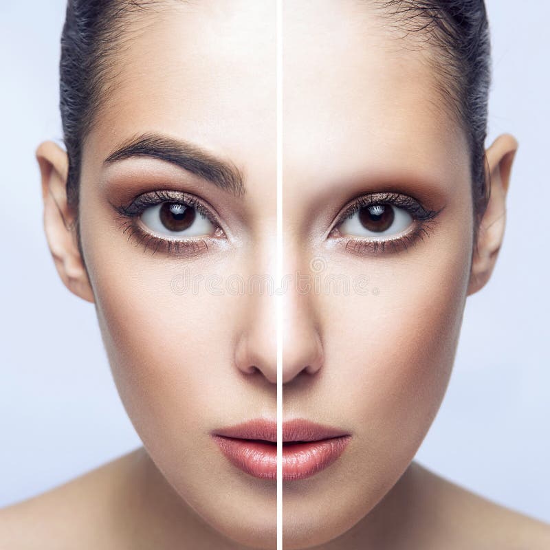 Before and after wenkbrauwenbehandeling Close-up half portret die van mooie donkerbruine vrouw met wenkbrauwen en buiten, bekijke royalty-vrije stock foto Before and after wenkbrauwenbehandeling Close-up half portret die van mooie donkerbruine vrouw met wenkbrauwen en buiten, bekijke royalty-vrije stock foto