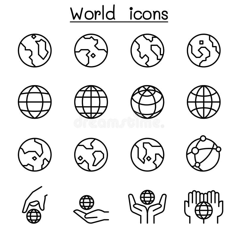 Wereld, Aardepictogram in dunne lijnstijl die wordt geplaatst stock illustratie Wereld, Aardepictogram in dunne lijnstijl die wordt geplaatst stock illustratie