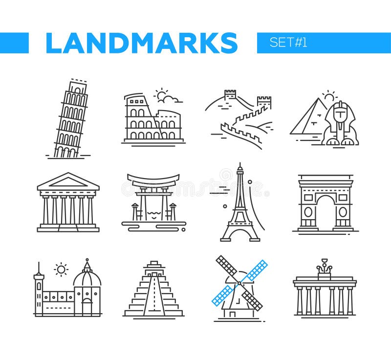 Wereldberoemde Oriëntatiepunten - geplaatste de pictogrammen van het lijnontwerp royalty-vrije illustratie Wereldberoemde Oriëntatiepunten - geplaatste de pictogrammen van het lijnontwerp royalty-vrije illustratie