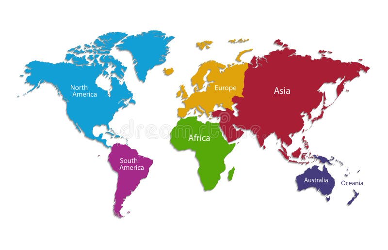 Wereldcontinenten delen elk continent afzonderlijk in kaart met een kleurenkaart voor namen die op witte achtergrond is geïsoleerd