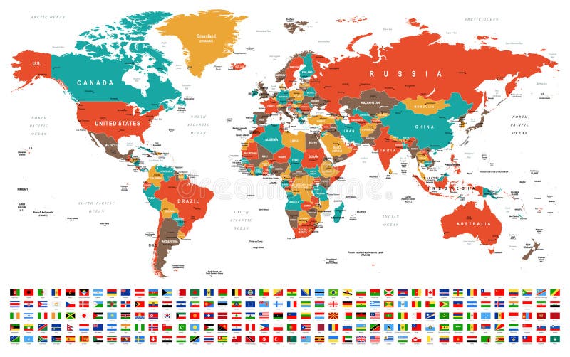 Wereldkaart en Vlaggen - grenzen, landen en steden - illustratie