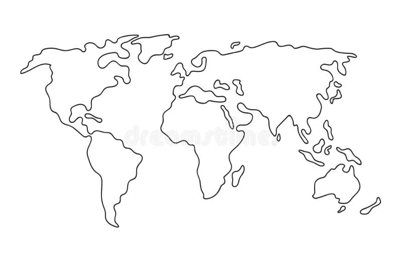 Wereldkaart Met de hand getekende, eenvoudige gestileerde continenten, omtrek van de silhouetlijn in dunne vorm geïsoleerde vecto