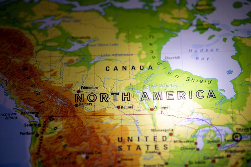 Wereldkaart met selectieve focus op noord - amerika : canada calgary edmonton