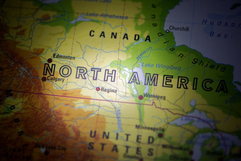 Wereldkaart met selectieve focus op noord - amerika verenigde staten canada kalgary