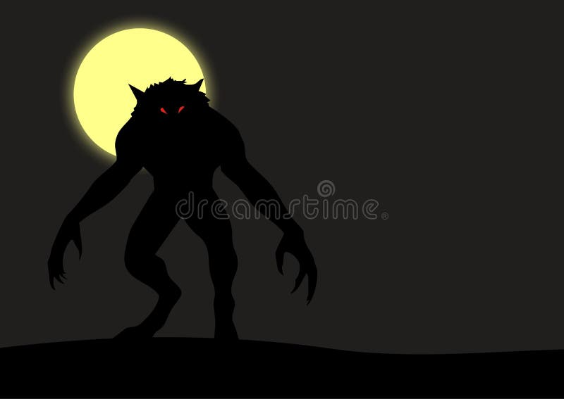 Halloween standing werewolf with red eyes. Full moon. Grass night sky background vectors