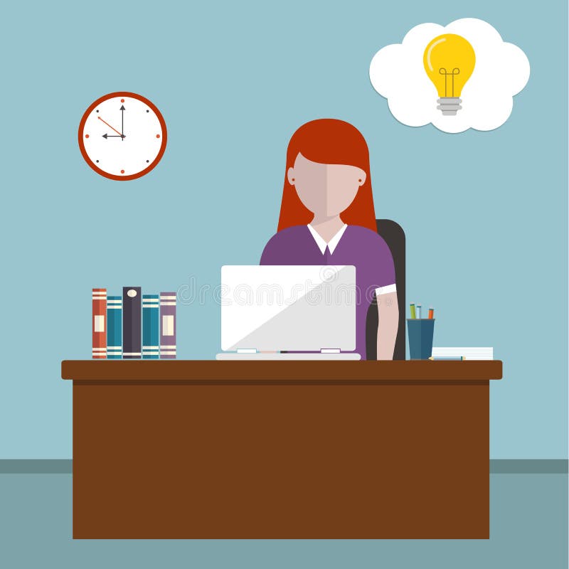 Werkdag en werkplaatsconcept Vectorillustratie van een vrouw in het bureau die idee hebben vector illustratie Werkdag en werkplaatsconcept Vectorillustratie van een vrouw in het bureau die idee hebben vector illustratie