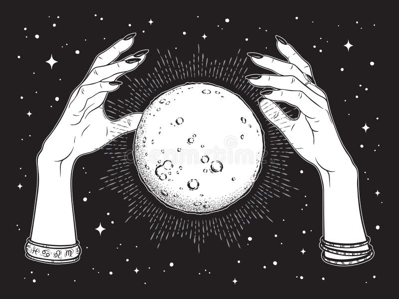 Werken de hand getrokken volle maan met stralen van licht in handen van de lijnkunst van de fortuinteller en de punt Boho elegant stock illustratie Werken de hand getrokken volle maan met stralen van licht in handen van de lijnkunst van de fortuinteller en de punt Boho elegant stock illustratie