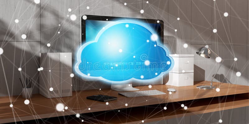 Werkplaats met het moderne het pictogram van de hologramwolk 3D teruggeven royalty-vrije illustratie Werkplaats met het moderne het pictogram van de hologramwolk 3D teruggeven royalty-vrije illustratie