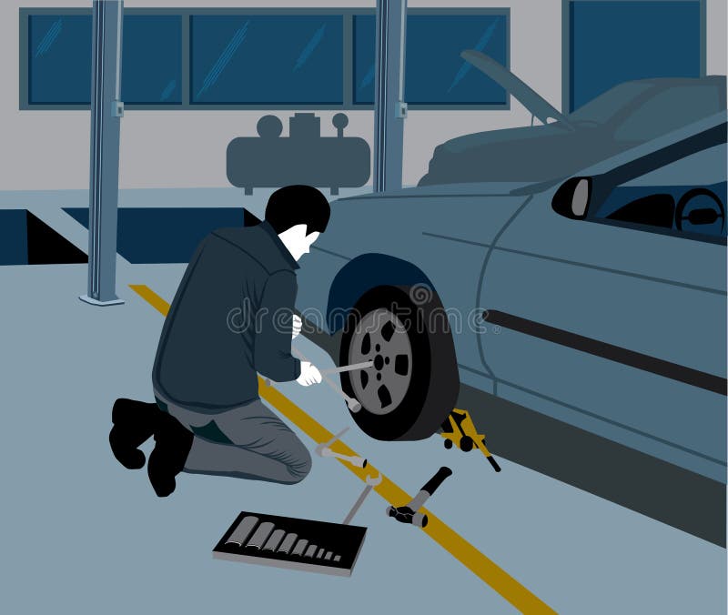 Werktuigkundige die een band veranderen vector illustratie Werktuigkundige die een band veranderen vector illustratie