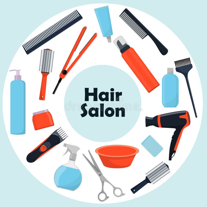 Werkzeuge und Kosmetikprodukte für Haarpflege Berufsfrisurnwerkzeuge Ein Satz Elemente für einen Schönheitssalon Vektor illustrat stock abbildung Werkzeuge und Kosmetikprodukte für Haarpflege Berufsfrisurnwerkzeuge Ein Satz Elemente für einen Schönheitssalon Vektor illustrat stock abbildung