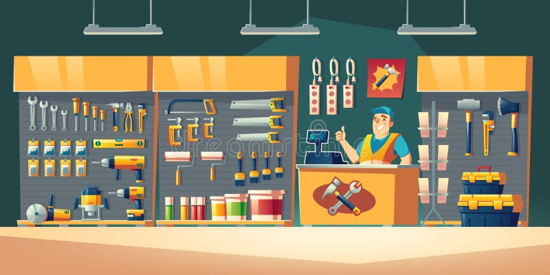 Tools store, hardware construction shop interior with salesman stand on counter desk showing thumb up and showcases with diy instruments on shelves for carpentry works Cartoon vector illustration. Tools store, hardware construction shop interior with salesman stand on counter desk showing thumb up and showcases with diy instruments on shelves for carpentry works Cartoon vector illustration