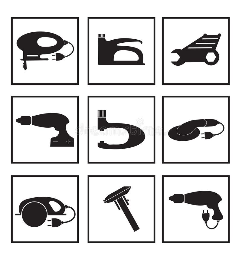 Werkzeugmechanikerikonen eingestellt, schwarzes Schattenbild Elementlogowerkzeuge, lokalisiert auf einem weißen Hintergrund Auch vektor abbildung Werkzeugmechanikerikonen eingestellt, schwarzes Schattenbild Elementlogowerkzeuge, lokalisiert auf einem weißen Hintergrund Auch vektor abbildung