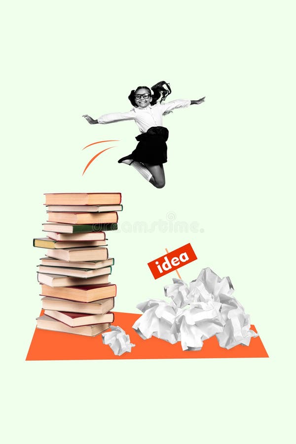 Vertical surreal funny photo collage of small school girl jump from stack of big books to bunch of crumpled paper idea solution concept. Vertical surreal funny photo collage of small school girl jump from stack of big books to bunch of crumpled paper idea solution concept.