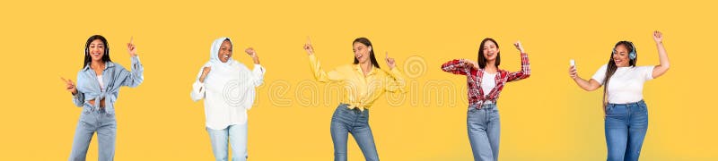 Wesoła międzynarodowa tysiącletnia kobieta w tańcu bezprzewodowych słuchawek baw się dobrze fotografia royalty free