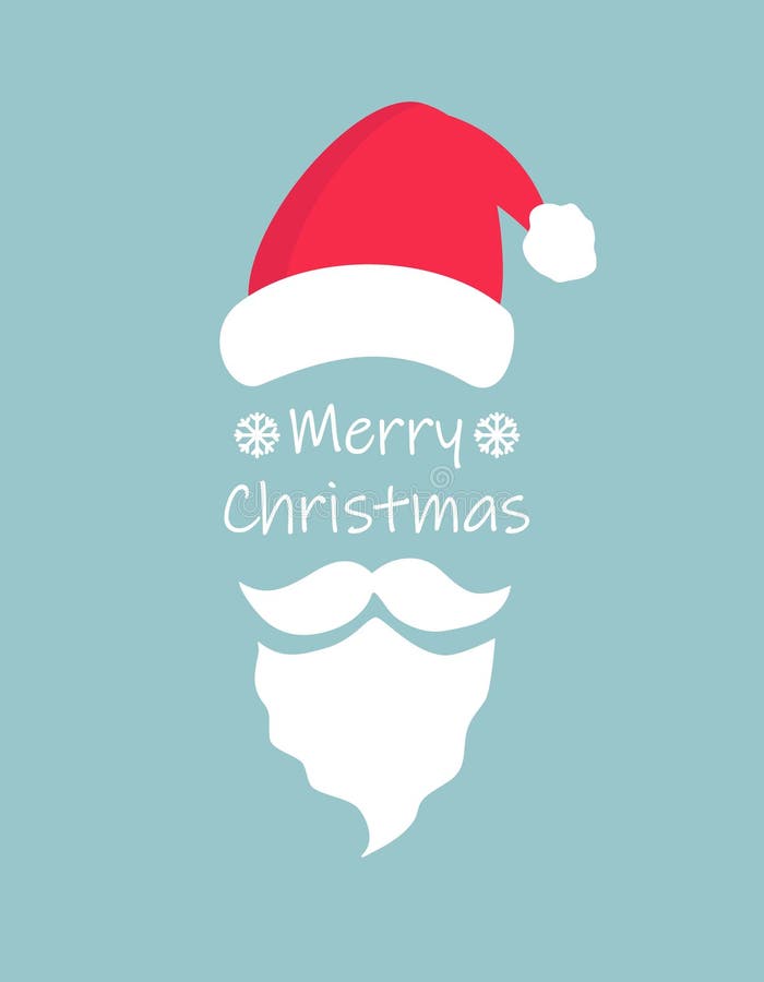 Wesołe świąteczne kartki powitalne z czapką świąteczną i santa claus biała broda i wąsy na niebieskim tle Prosty ilustracji Wesołe świąteczne kartki powitalne z czapką świąteczną i santa claus biała broda i wąsy na niebieskim tle Prosty ilustracji