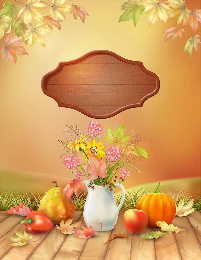 Happy Thanksgiving Flyer. Autumn background with floral bouquet in ceramic jug, pumpkins and fallen leaves. Happy Thanksgiving Flyer. Autumn background with floral bouquet in ceramic jug, pumpkins and fallen leaves